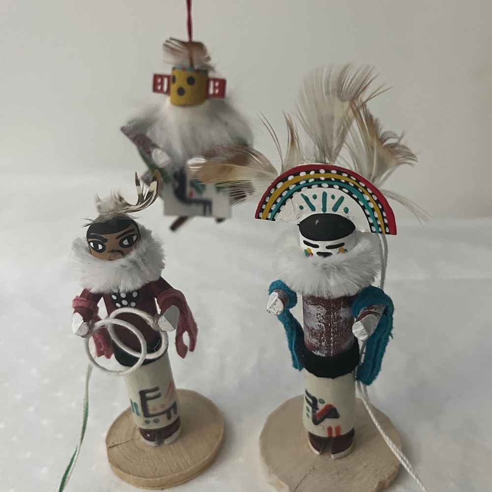 Vintage Southwest Native American Hand Carved Wood Kachina Dolls Trio Signed R G